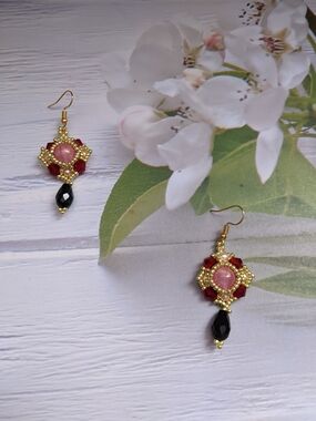 Pink Center Beaded Drop Earrings with Ruby and Black Accents